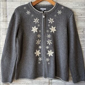 Cardigan Sweater‎ Snowflakes Embroidered Gray Silk Ramie XL Vintage Y2K
